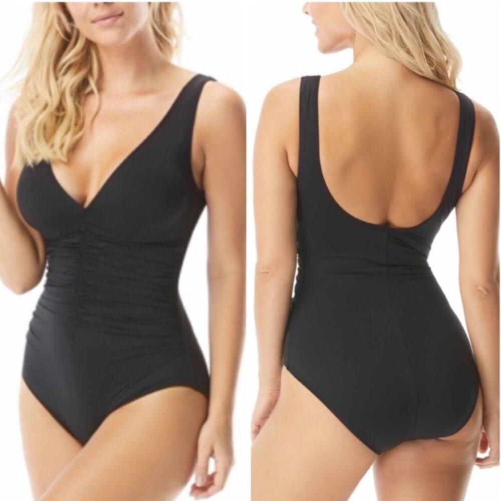 Coco Reef Black shirred v neck one piece swimsuit Size 10 - Picture 1 of 7